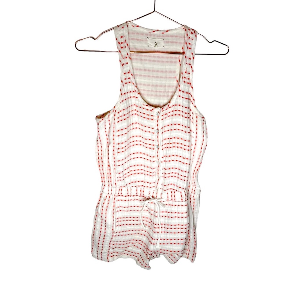 Lou & Grey Shorts Romper White Orange Dash Embroidery Front Tie Waist Sleeveless